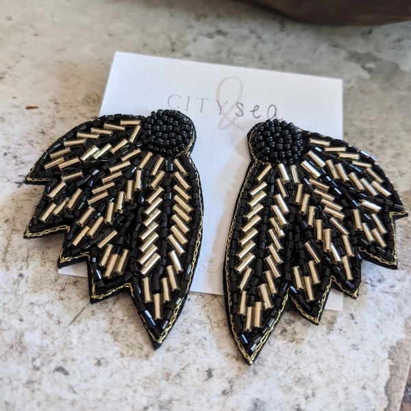 Black Angel Wing Earrings - City and Sea Designs - Seed Bead Statement Earrings