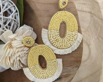 Mellow Light Yellow Seed Bead Statement Earrings - City and Sea Design - Gift Idea - Party Favor - Gift Basket