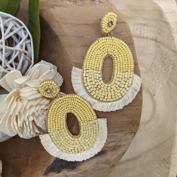 Mellow Light Yellow Seed Bead Statement Earrings - City and Sea Design - Gift Idea - Party Favor - Gift Basket