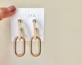 Oval Dangle Gold and Wooden Hoops - Neutral Statement Earrings - City and Sea Designs - Gift for Her