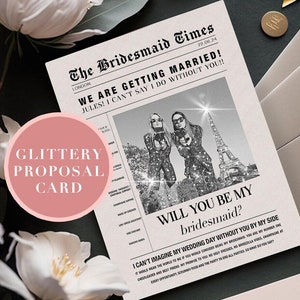 Will You Be My Bridesmaid Photo Card, Maid Of Honour, Flower Girl Glitter Photo, Personalised Newspaper Theme Proposal Card