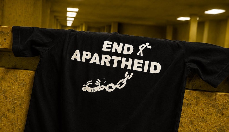 Puede incluir: Una camiseta negra de manga corta con el texto END APARTHEID impreso en blanco. El dise&ntilde;o incluye un gr&aacute;fico de una figura de palo y una cadena rota con un grillete, situados debajo de las letras may&uacute;sculas en negrita.