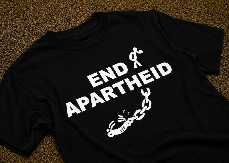 Puede incluir: Una camiseta negra de manga corta con el texto END APARTHEID impreso en blanco. El dise&ntilde;o incluye un gr&aacute;fico de una figura de palo alej&aacute;ndose de una cadena y un grillete rotos, situado sobre las letras blancas en negrita del estampado.
