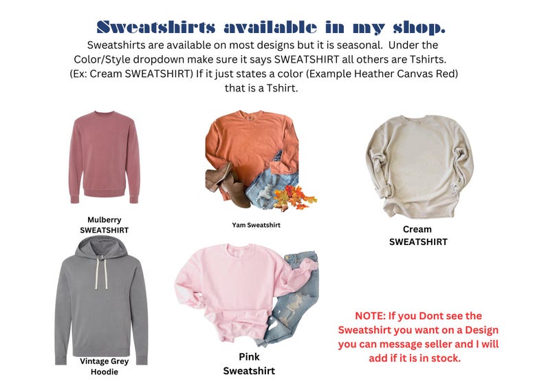 Peut inclure: Image pr&eacute;sentant diff&eacute;rents sweat-shirts et un sweat &agrave; capuche de couleurs vari&eacute;es : m&ucirc;re, igname, cr&egrave;me, gris vintage et rose. Le texte indique que les sweat-shirts sont saisonniers et disponibles sur la plupart des mod&egrave;les.