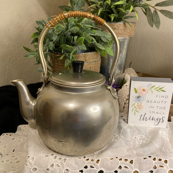 Vintage Japanese Aluminum Tea Kettle with Rattan Wrapped Handle