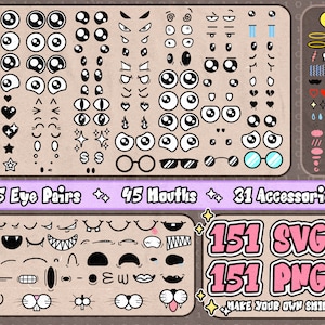 May include: A set of 151 black and white cartoon eyes, mouths, and accessories. The images are in a grid format and are labeled with the number of each type of image. The text "Make Your Own Smiley" is at the bottom of the image.