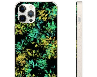 Può includere: Una custodia per telefono bianca con un design astratto verde e giallo. La custodia ha un rialzo per la fotocamera rialzato e un bordo bianco.
