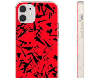 Può includere: Custodia per smartphone con un vivace sfondo rosso e un motivo sparso di forme geometriche nere. La custodia ha un bordo bianco e una vista laterale che mostra i pulsanti del volume e di accensione.