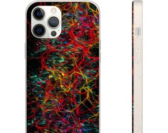 Può includere: Una custodia per telefono bianca con un design astratto colorato. Il design presenta una rete di linee rosse, gialle e blu su uno sfondo nero.