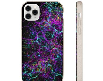 Può includere: Una custodia per telefono con un design astratto vibrante. La custodia presenta uno sfondo nero con un motivo colorato di linee interconnesse nelle tonalità del viola, del verde acqua e del giallo. La custodia ha un bordo beige chiaro ed è mostrata frontalmente e lateralmente.