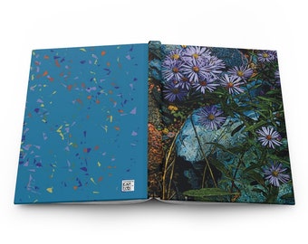 May include: An open book with a blue cover with a colorful confetti pattern on the left page and a close-up of purple flowers on a green background on the right page.