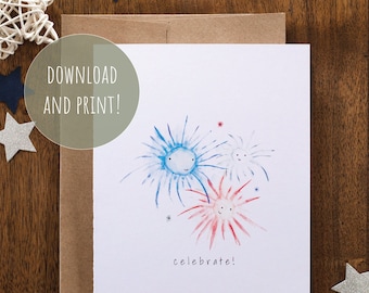 Printable Memorial Day, Fourth of July Card | Foldable | Fireworks | Celebrate | Watercolor | Blank Inside | 5"x7"