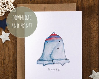 Printable Memorial Day, Fourth of July Card | Foldable | Liberty Bell | Liberty | Watercolor | Blank Inside | 5"x7"