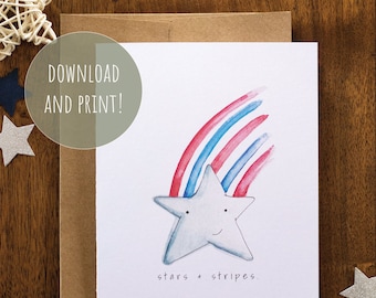 Printable Memorial Day, Fourth of July Card | Foldable | Star | Red, White and Blue | Stars and Stripes | Watercolor | Blank Inside | 5"x7"