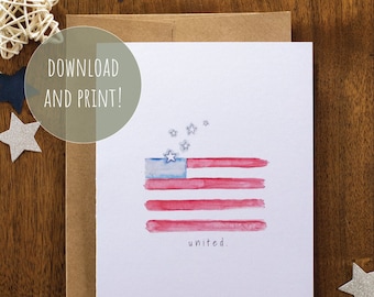 Printable Memorial Day, Fourth of July Card | Foldable | American Flag | United | Watercolor | Blank Inside | 5"x7"