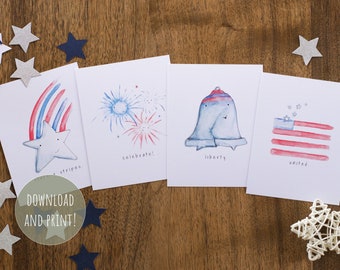 Printable Fourth of July Cards | One-sided | Stars and Stripes, Fireworks, Liberty Bell, American Flag | Watercolor | Set of 4 | 3.5"x4.5"