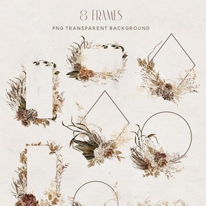 boho frame flower, bohemian clipart, flower png, wreath frame border bouquet, commercial use watercolor brown flower boho wedding invitation