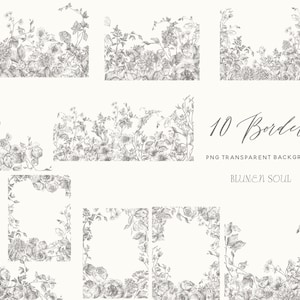 Grenzen Clipart, Bleistiftskizze Blumen png-Dateien kommerzielle Nutzung Vintage handgezeichnete florals Rahmen botanische Logo Hochzeit Einladung, Line Art