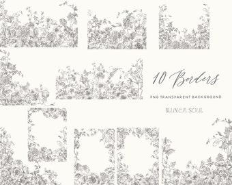 May include: Ten floral borders in black and white, with a transparent background. The borders are made up of various flowers and leaves, and are perfect for adding a touch of elegance to any design project.