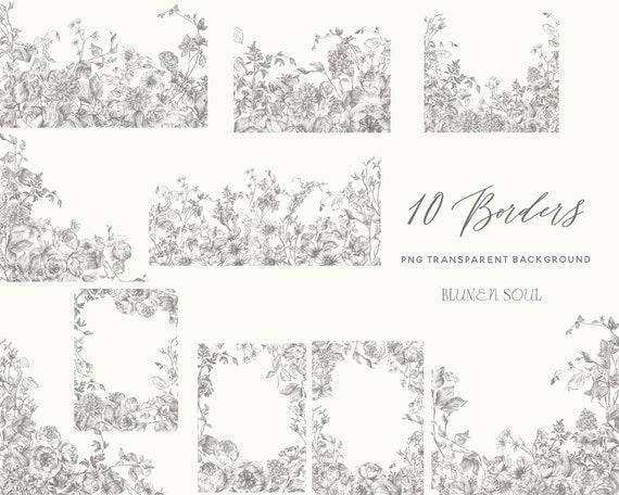 borders clipart ,pencil sketch flowers png files commercial use vintage hand drawn florals frames botanical logo wedding invitation,line art