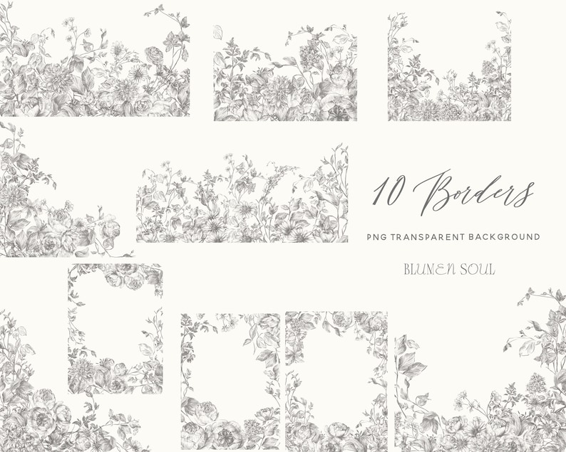 May include: Ten floral borders in black and white, with a transparent background. The borders are made up of various flowers and leaves, and are perfect for adding a touch of elegance to any design project.