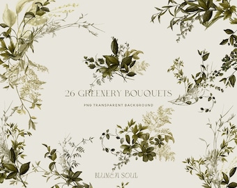 greenery bouquets watercolor clipart greenery frames borders PNG digital download wedding invitations leaves branch twigs commercial use