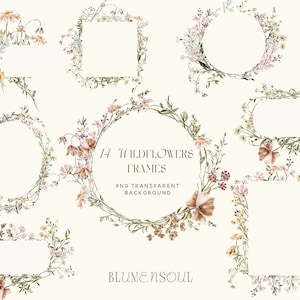 wildflower frames clipart, floral clipart, PNG, meadow flowers, commercial use, wildflower bouquet, baby shower, watercolor tiny flowers
