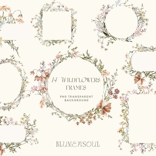 wildflower frames clipart, floral clipart, PNG, meadow flowers, commercial use, wildflower bouquet, baby shower, watercolor tiny flowers