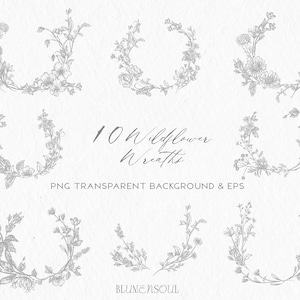grinalda clipart linha arte botânica clipart flores silvestres desenhada à mão PNG EPS elemento de design de logotipo convite de casamento delicado uso comercial