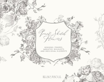 pencil sketch flowers clipart png files commercial use vintage hand drawn florals crest wreath frames botanical logo wedding invitation