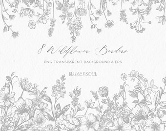 Könnte beinhalten: Acht handgezeichnete Wildblumen-Ränder in Schwarzweiß. Die Ränder bestehen aus verschiedenen Blumen und Blättern. Der Text "8 Wildflower Borders" befindet sich in der Mitte des Bildes. Der Text "PNG Transparent Background & EPS" befindet sich unter dem Titel. Der Text "BLUME&SOUL" befindet sich unter der zweiten Textzeile.