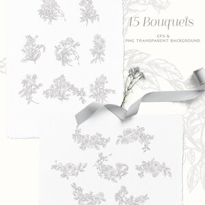 May include: A set of 15 hand-drawn floral bouquets in black and white. The bouquets are made up of roses and leaves. The text "15 Bouquets" and "EPS & PNG TRANSPARENT BACKGROUND" is at the top of the image. The text "BLUMEN SOUL" is at the bottom of the image.