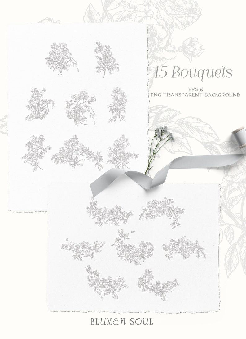May include: A set of 15 hand-drawn floral bouquets in black and white. The bouquets are made up of roses and leaves. The text "15 Bouquets" and "EPS & PNG TRANSPARENT BACKGROUND" is at the top of the image. The text "BLUMEN SOUL" is at the bottom of the image.