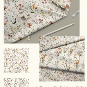 Puede incluir: Cuatro patrones sin costuras con ilustraciones de acuarela de delicadas flores silvestres en tonos rosa, naranja y amarillo sobre un fondo blanco. Los patrones son de 6000x6000 p&iacute;xeles.