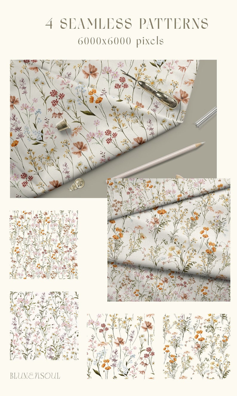Puede incluir: Cuatro patrones sin costuras con ilustraciones de acuarela de delicadas flores silvestres en tonos rosa, naranja y amarillo sobre un fondo blanco. Los patrones son de 6000x6000 p&iacute;xeles.