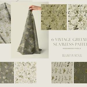 Könnte beinhalten: Sechs nahtlose Muster mit Vintage-Grünpflanzen in Grün- und Weißtönen. Die Muster sind 6000x6000 Pixel groß und perfekt für digitale und Druckprojekte. Der Text "6 Vintage Greenery Seamless Pattern" und "Blumen Soul" ist im Bild enthalten.