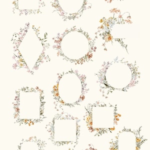Puede incluir: Un conjunto de 10 marcos florales en varias formas, incluyendo c&iacute;rculos, cuadrados y un diamante. Los marcos est&aacute;n hechos de ilustraciones de acuarela de flores delicadas y vegetaci&oacute;n en tonos de rosa, amarillo y verde. La palabra "FRAMES" est&aacute; en la parte superior de la imagen, y la palabra "BLUMENSOUl" est&aacute; en la parte inferior.
