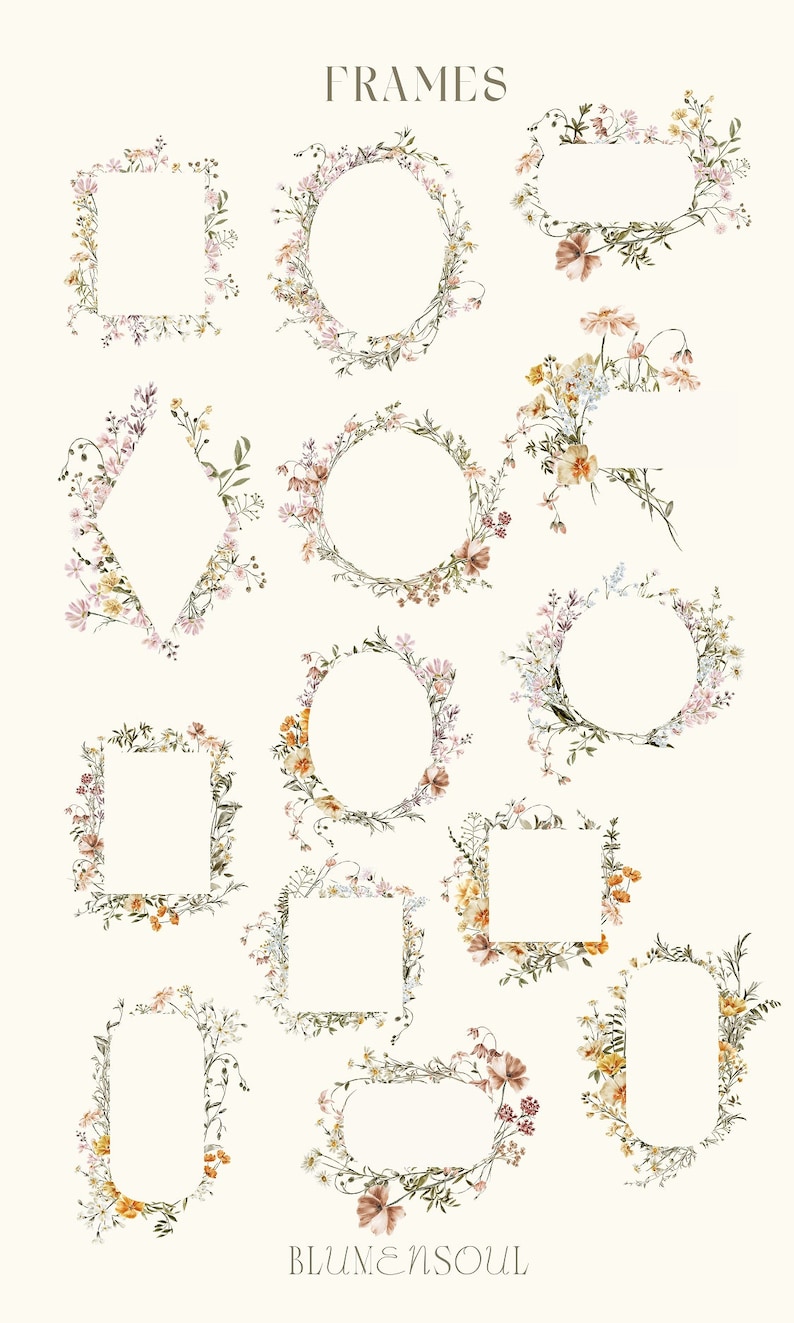 Puede incluir: Un conjunto de 10 marcos florales en varias formas, incluyendo c&iacute;rculos, cuadrados y un diamante. Los marcos est&aacute;n hechos de ilustraciones de acuarela de flores delicadas y vegetaci&oacute;n en tonos de rosa, amarillo y verde. La palabra "FRAMES" est&aacute; en la parte superior de la imagen, y la palabra "BLUMENSOUl" est&aacute; en la parte inferior.