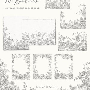 May include: Ten floral borders with a white background. The borders are made of hand-drawn flowers and leaves in a pencil sketch style. The text "10 Borders" and "PNG Transparent Background" is at the top of the image. The text "BLUMEN SOUL" is at the bottom of the image.