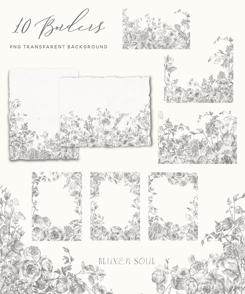 May include: Ten floral borders with a white background. The borders are made of hand-drawn flowers and leaves in a pencil sketch style. The text "10 Borders" and "PNG Transparent Background" is at the top of the image. The text "BLUMEN SOUL" is at the bottom of the image.