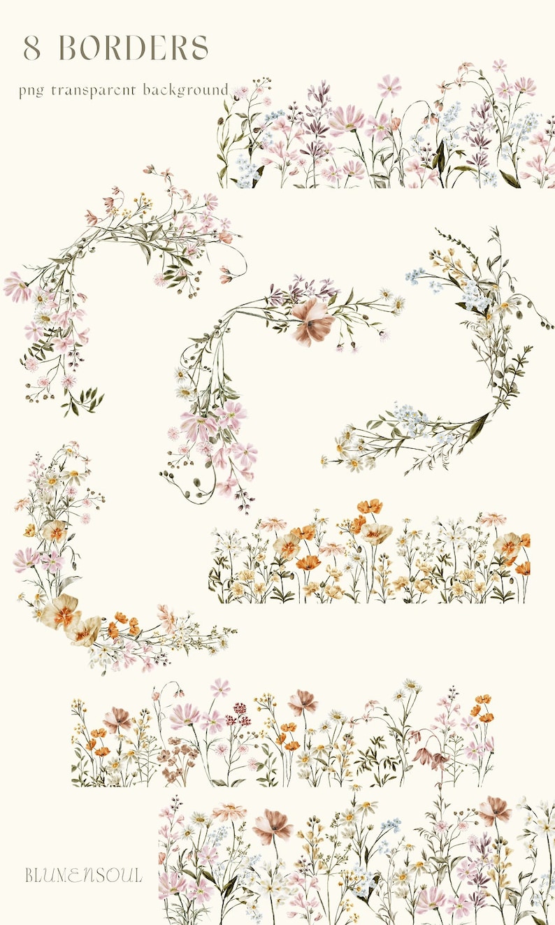 Puede incluir: Ocho bordes florales de acuarela con flores rosas, blancas y naranjas. Los bordes son perfectos para agregar un toque de naturaleza a tus dise&ntilde;os.