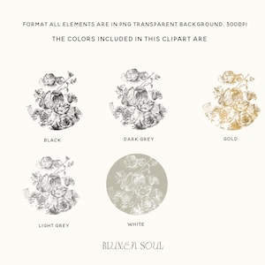 May include: Five variations of a floral design in black, dark grey, gold, light grey, and white. The design features a bouquet of flowers with leaves. The text "BLUMEN SOUL" is at the bottom of the image.