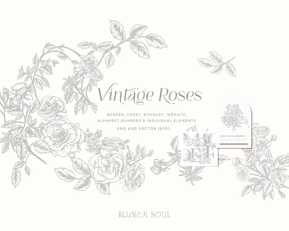 vintage rose flowers, floral clipart, line art flowers, botanical illustration, EPS vector, PNG, commercial use, wedding invitation, logo