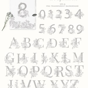 May include: A set of gray floral numbers and letters. The numbers 0-9 and letters A-Z are decorated with a floral design. The text "Numbers & Alphabets" and "PNG Transparent Background" are at the top of the image. The text "BLUMEN SOUL" is at the bottom of the image.