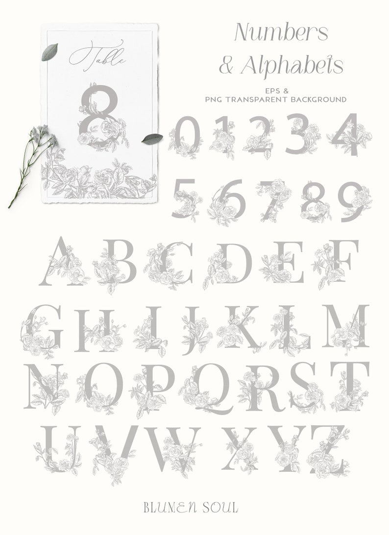 May include: A set of gray floral numbers and letters. The numbers 0-9 and letters A-Z are decorated with a floral design. The text "Numbers & Alphabets" and "PNG Transparent Background" are at the top of the image. The text "BLUMEN SOUL" is at the bottom of the image.