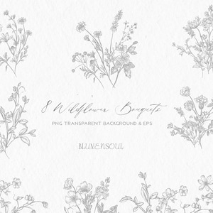 Blumenstrauß Blumen Clipart Linie Kunst botanische Clipart Wildblumen PNG EPS Logo Design Elemente Hochzeit Einladung zart kommerzielle Nutzung