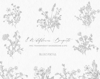 bouquet flower clipart line art botanical clipart wildflower PNG EPS logo design elements wedding invitation delicate commercial use