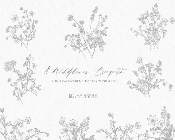 bouquet flower clipart line art botanical clipart wildflower PNG EPS logo design elements wedding invitation delicate commercial use