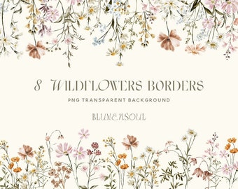 May include: Eight watercolour wildflower borders with a white background. The borders feature pink, white, yellow, and brown flowers. The text "8 WILDFLOWERS BORDERS" and "PNG TRANSPARENT BACKGROUND" is displayed in the centre of the image. The text "BLUNENSOUL" is displayed below the text.