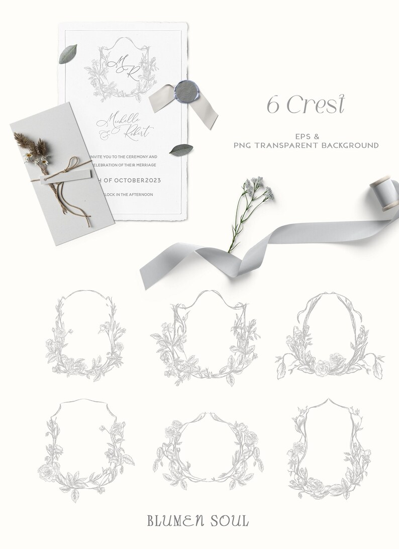 May include: Six floral wreaths with a gray background. The wreaths are made of vines and flowers. The text "BLUMEN SOUL" is at the bottom of the image.
